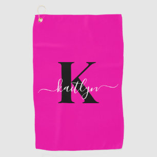 Moderne Heißrosa Schwarze Schrift Monogramm Golfhandtuch