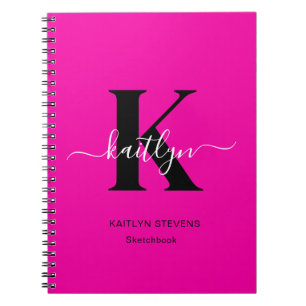 Moderne Heißrosa Schwarze Schrift Monogramm Notizblock