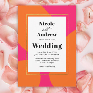 Moderne Heißrosa und Orange Abstrakte Hochzeit Einladung