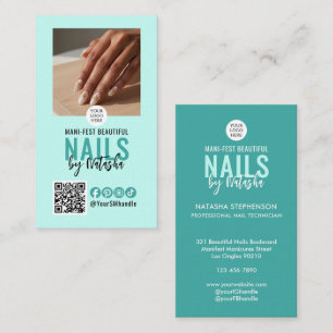 Moderne hellblaue Teal-Logo-QR-Code-Foto-NAIL-TECH Visitenkarte