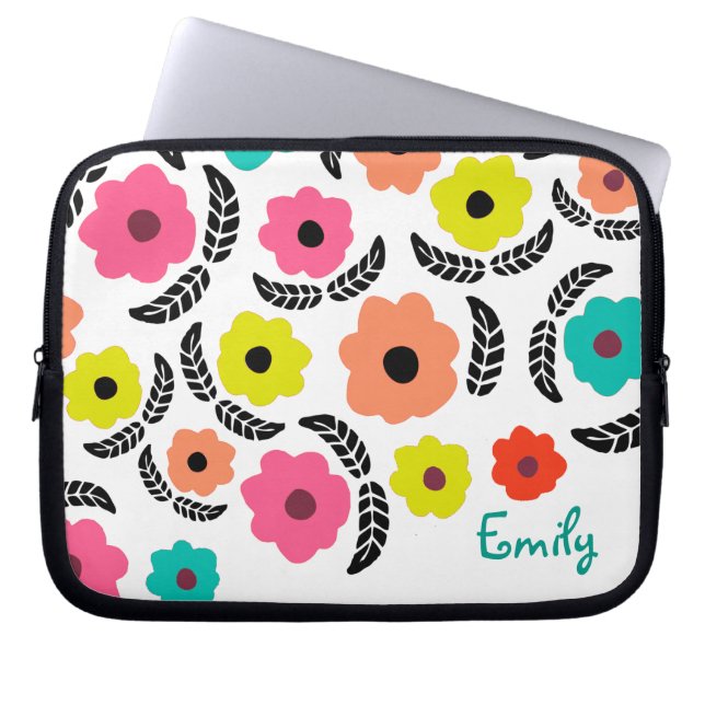 Moderne, helle Blume und Personalisiertes schwarze Laptopschutzhülle (Vorderseite)