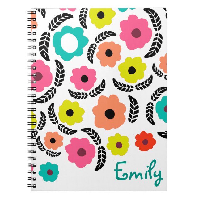 Moderne, helle Blume und Personalisiertes schwarze Notizblock (Vorderseite)