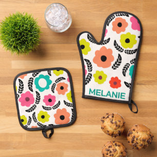 Moderne, helle Blume und Personalisiertes schwarze Ofenhandschuh & Topflappen-Set