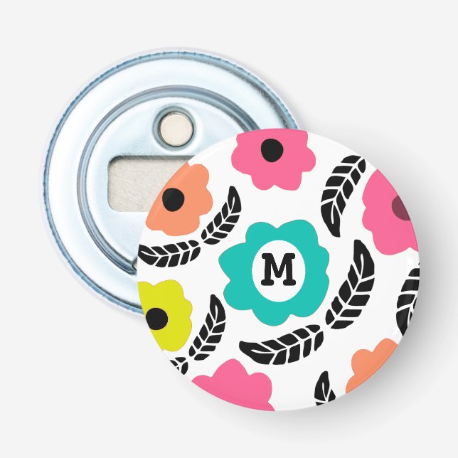 Moderne, helle Blume und Schwarzleder-Monogramm Flaschenöffner (Vorderseite)