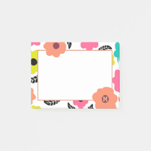 Moderne, helle Blume und Schwarzleder-Monogramm Post-it Klebezettel
