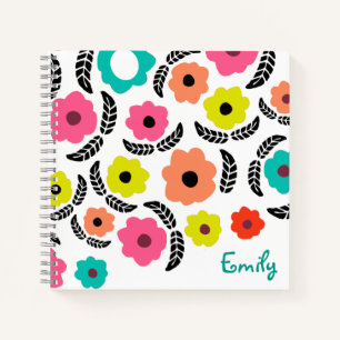 Moderne helle Blumen und schwarzes Blatt personali Notizbuch
