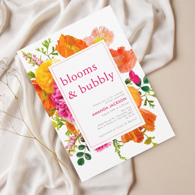 Moderne, helle Blumenblumen & Bubbly Brautparty Einladung (Von Creator hochgeladen)