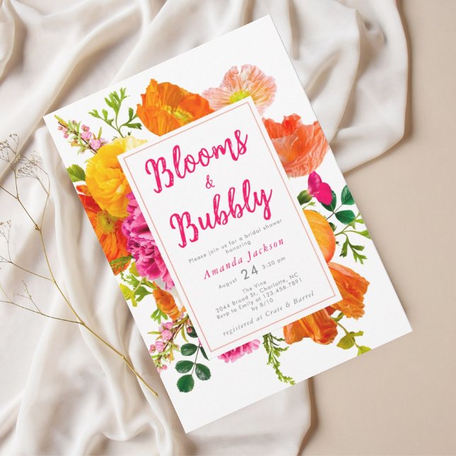 Moderne, helle Blumenblumen & Bubbly Brautparty Einladung (Von Creator hochgeladen)