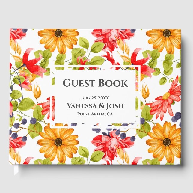 Moderne, helle Blumenmuster-Foto Hochzeit Gästebuch (Vorderseite)