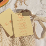 Moderne, helle, farbenfrohe Retro-Hochzeit Menükarte<br><div class="desc">Ein buntes Retro funky modernes,  schwarz-weiß Hochzeitsmenü. Das elegante Template-Design mit hellgelbem Hintergrund und orangefarbener handgeschriebener Typografie. Mit handgezogenen Kuchen Mini Tisch . Ein perfekter und passender Rahmen für die ganze Suite.</div>