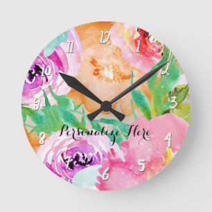 Moderne Helle Farbige Frühlingsblumen Wasserfarben Runde Wanduhr
