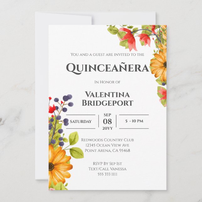 Moderne, helle Flora Wasserfarbe Quinceñera Einladung (Vorderseite)
