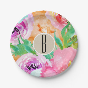 Moderne helle florale braune Kraft Brautparty Pappteller