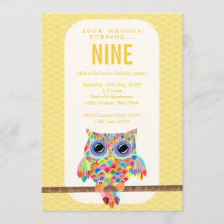 Moderne helle Geburtstags-Party-Regenbogen-Eule Einladung