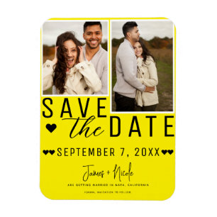 Moderne helle gelbe "Save the Date" 2-Fotos Hochze Magnet