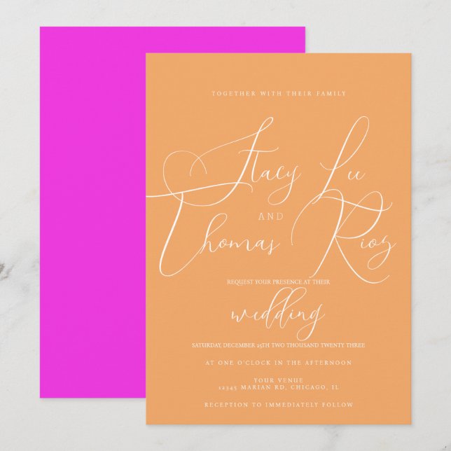 Moderne, helle Hübsche Drehschrift Orange Pink Wed Einladung (Vorne/Hinten)