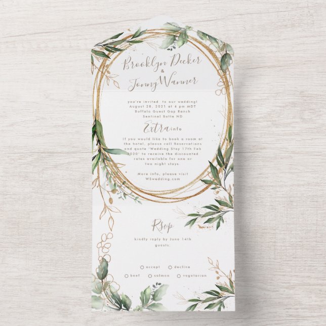 Moderne helle Moss Sage Grüne Eukalyptus Wedding All In One Einladung (Innen Boden)