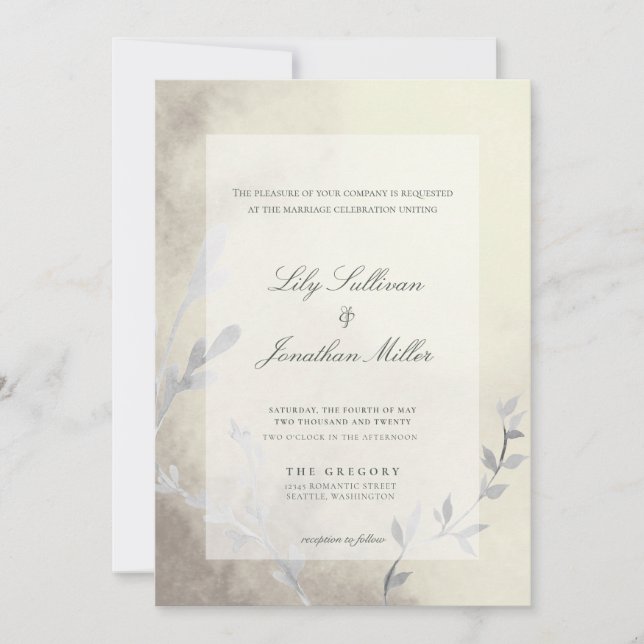 Moderne helle und luftige, monochrome Hochzeit Einladung (Vorderseite)