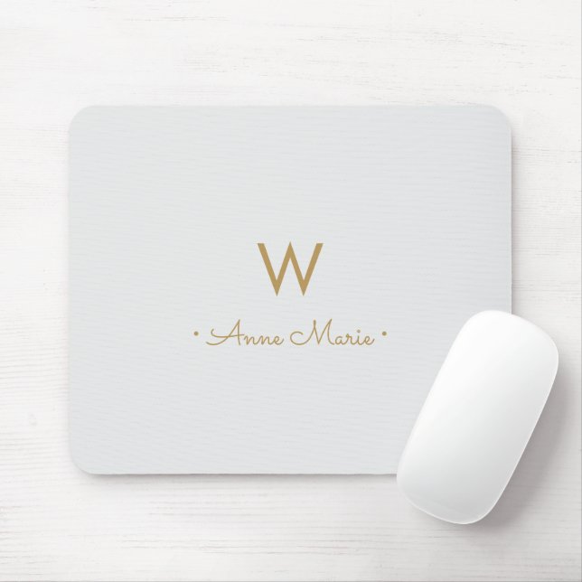 Moderne hellgraue goldene Schriftmonogramm Mousepad (Mit Mouse)
