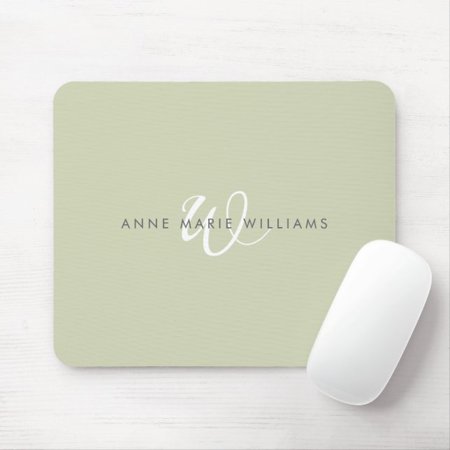 Moderne Hellgrün-Weiße Skript-Monogramm Mousepad (Mit Mouse)