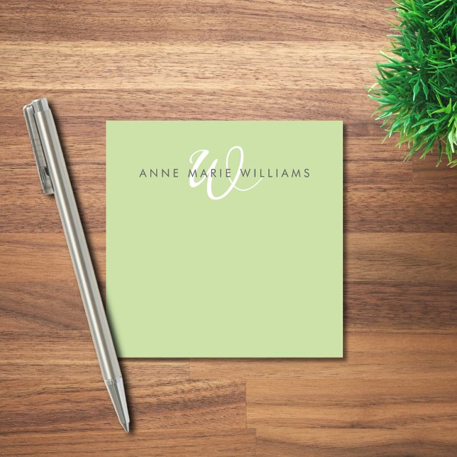 Moderne hellgrüne weiße Schreibschrift-Monogramm Post-it Klebezettel (Von Creator hochgeladen)