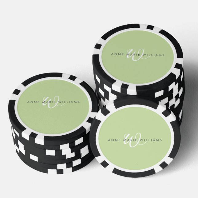 Moderne hellgrüne weiße Schriftmonogramm Pokerchips (Stapel)