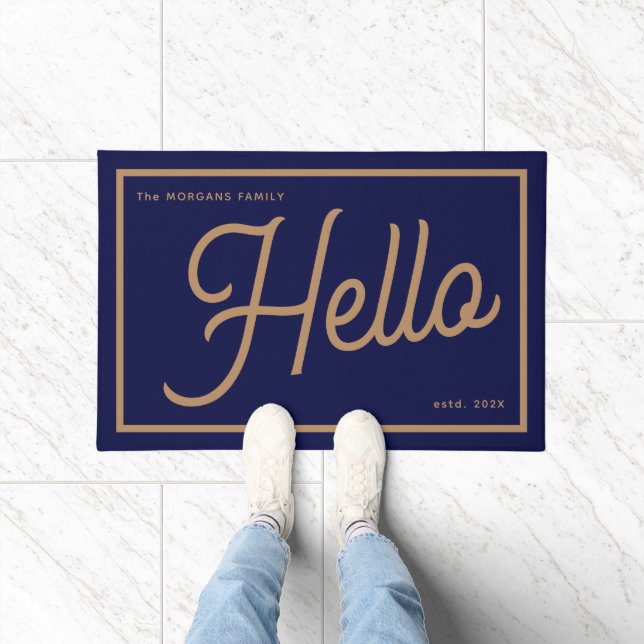 Moderne Hello Blue Gold Script Familienname Fußmatte (Indoor)