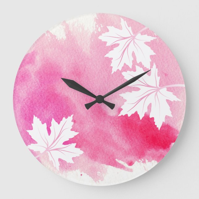 Moderne, hellrosa Aquarell und Blätter aus Ahorn Große Wanduhr (Vorderseite)