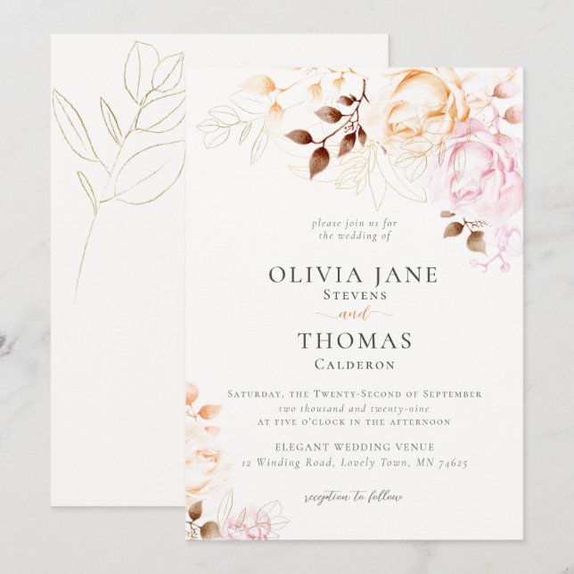 Moderne Herbstblush Orange Bloral Hochzeit Einladu Einladung (Vorne/Hinten)