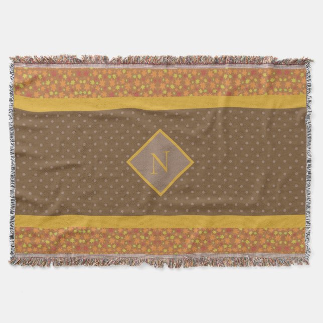 Moderne Herbstlaub Monogram Brown Polka Dot Decke (Vorderseite)