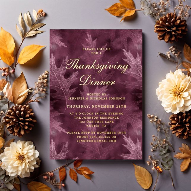 Moderne Herbstlaube Erntedank Dinner Party Gold Folieneinladung (Modern Fall Leaves Thanksgiving Dinner Party Gold Foil Invitation)