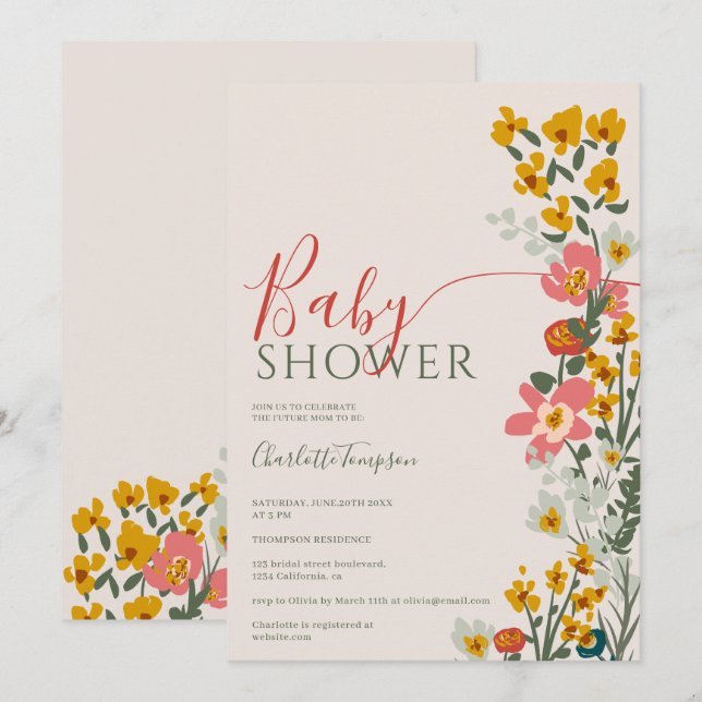 Moderne Herbstretro-Blume erröten Babydusche Einladung (Vorne/Hinten)