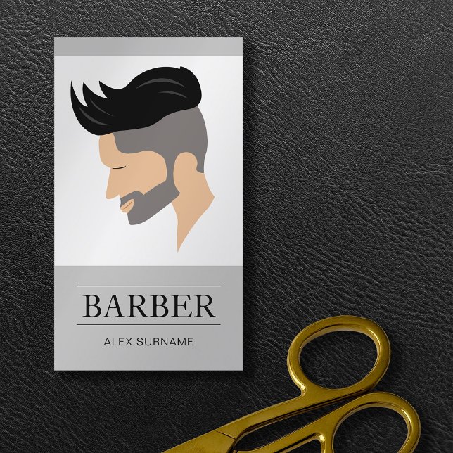 Moderne Herrenhaar-Illustration Grau Barber Visitenkarte (Business card design for barbers and hairdressers.)