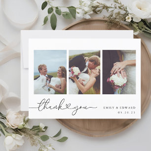 Moderne Herz-Kalligrafie-Foto-Collage-Hochzeit Dankeskarte