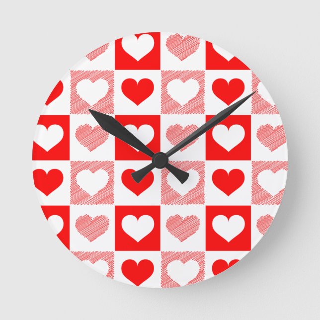 Moderne Herz-Muster-Wanduhr - Rot und Pink Runde Wanduhr (Vorderseite)
