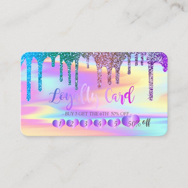 Moderne Herz-Rainbow-Glitzer-Tropfen Holografie Treuekarte (Vorderseite)