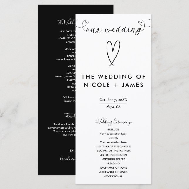 Moderne Herz Schwarz & Weiß Minimale Hochzeit Programm (Vorne/Hinten)