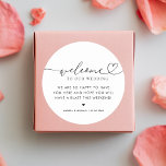Moderne Herz-Script-Hochzeit Begrüßung Hotel Gesch Runder Aufkleber<br><div class="desc">Herzlich willkommen bei Ihren Gästen mit diesen eleganten Aufklebern,  mit romantischer Herzschrift und bearbeitbarem Text. Passen Sie es einfach an,  indem Sie die Optionen "personalisieren" und "Bearbeiten mit dem Designwerkzeug" verwenden.</div>