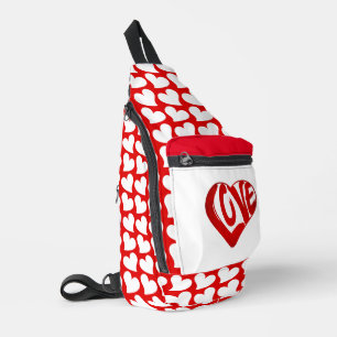 Moderne Herzen und Liebes-Typografie in Rot-Weiß-S Crossbody Bag