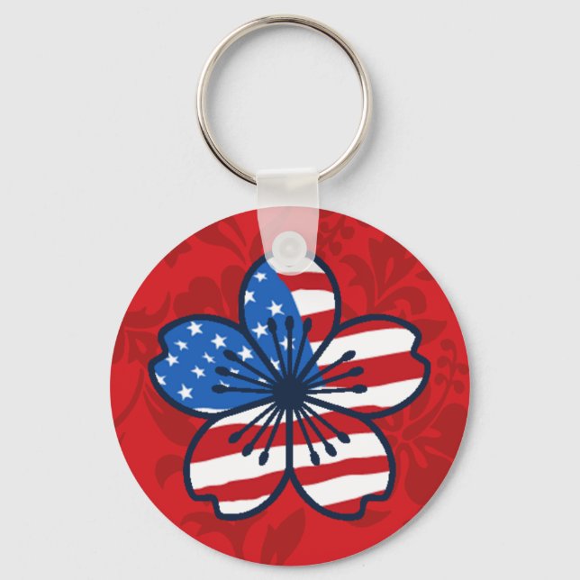 Moderne Hibiskus American Flag Patriotic Key Chain Schlüsselanhänger (Vorderseite)