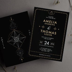 Moderne himmlische schwarze und goldene mystische  einladung