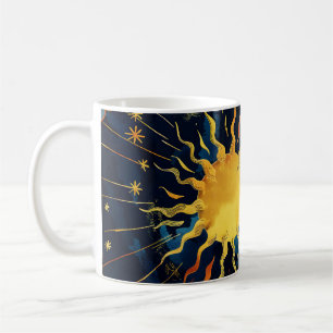 Moderne himmlische Sonne, Sterne und blaue Wolken Kaffeetasse