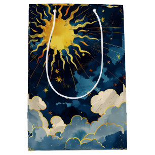 Moderne himmlische Sonne, Sterne und blaue Wolken Mittlere Geschenktüte