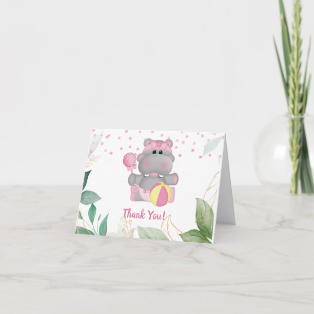 Moderne Hippo Pink Green Blätter Kinderdusche Dankeskarte (Vorderseite)