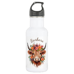 Moderne Hochland-Kuh mit Boho-Blume Edelstahlflasche