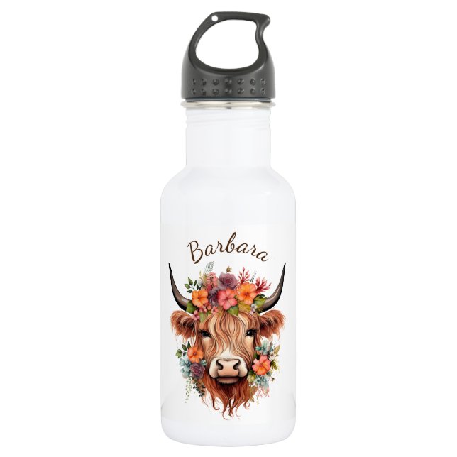 Moderne Hochland-Kuh mit Boho-Blume Edelstahlflasche (Vorderseite)