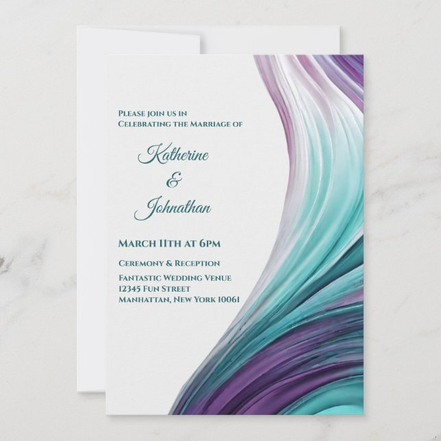 Moderne Hochzeit - Abstrakt Lila und Aquamarin- Einladung (Vorderseite)
