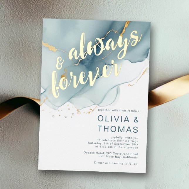 Moderne Hochzeit am Blue Gold Beach für immer Folieneinladung (dusty blue beach wedding invitation always and forever gold teal typography modern romantic bohemian)