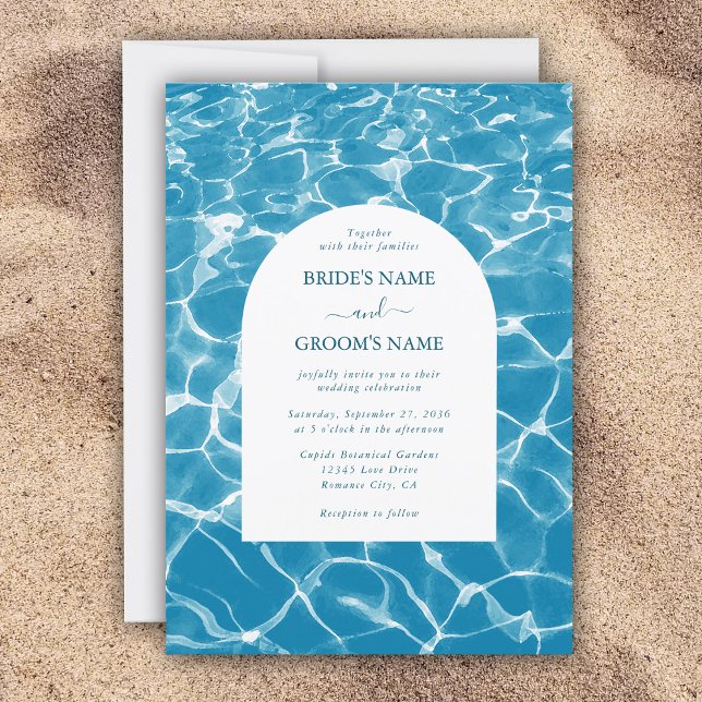 Moderne Hochzeit am Blue Ocean Beach Einladung (Modern Watercolor Blue Ocean Beach Wedding Invitation)