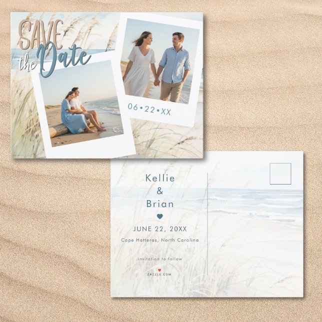 Moderne Hochzeit am Foto des Strandbades Ankündigungspostkarte (Modern Seaside Watercolor Beach Photo Save The Date Postcard)